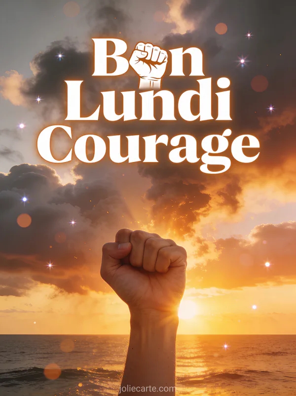 Image bon lundi courage avec lever de soleil perçant les nuages d'orage sur l'océan