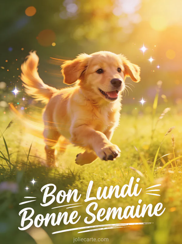 Image animée bon lundi bonne semaine avec golden retriever joyeux courant dans une prairie