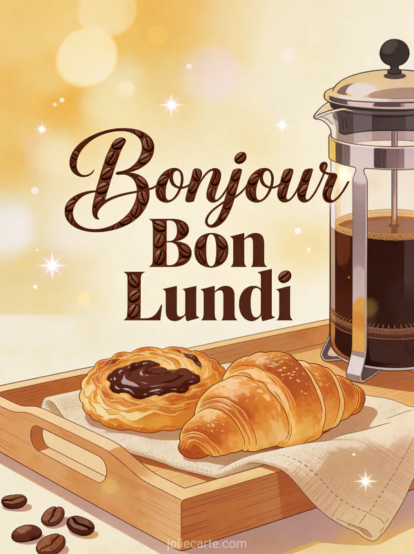 Image bonjour bon lundi café avec cafetière française et viennoiseries sur plateau petit-déjeuner