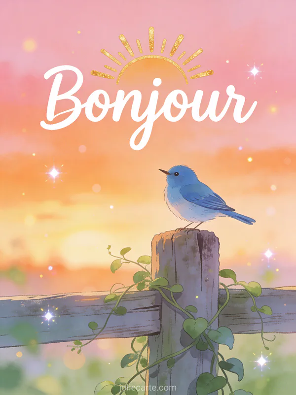 Image lundi bonjour avec merle bleu chantant sur clôture au lever du soleil