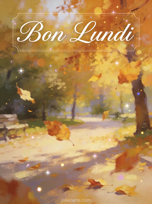 Image bon lundi en image avec parc automnal et feuilles tombantes aux couleurs chaudes