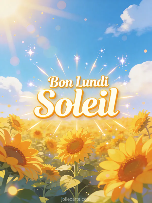 Image bon lundi soleil avec champ de tournesols dorés sous ciel bleu et nuages blancs