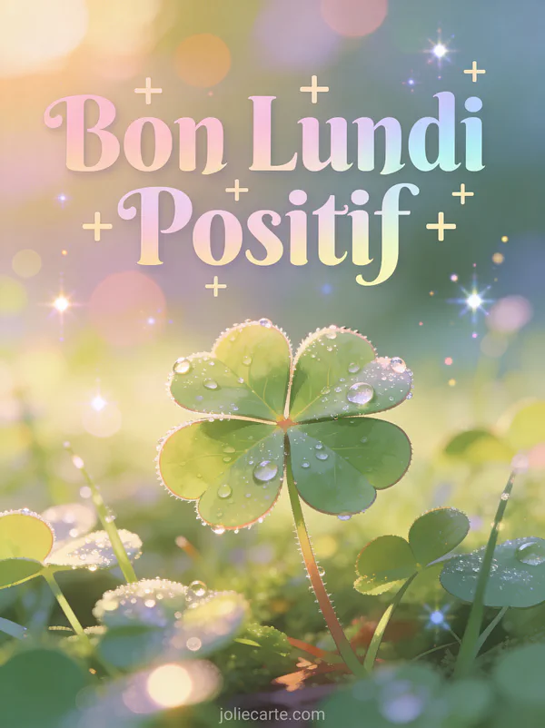 Image bon lundi positif avec champ de trèfles à quatre feuilles et rosée du matin