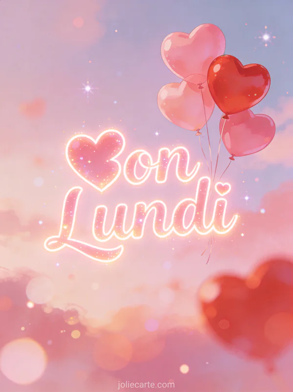 Image bon lundi coeur avec ballons roses et rouges en forme de coeur dans le ciel