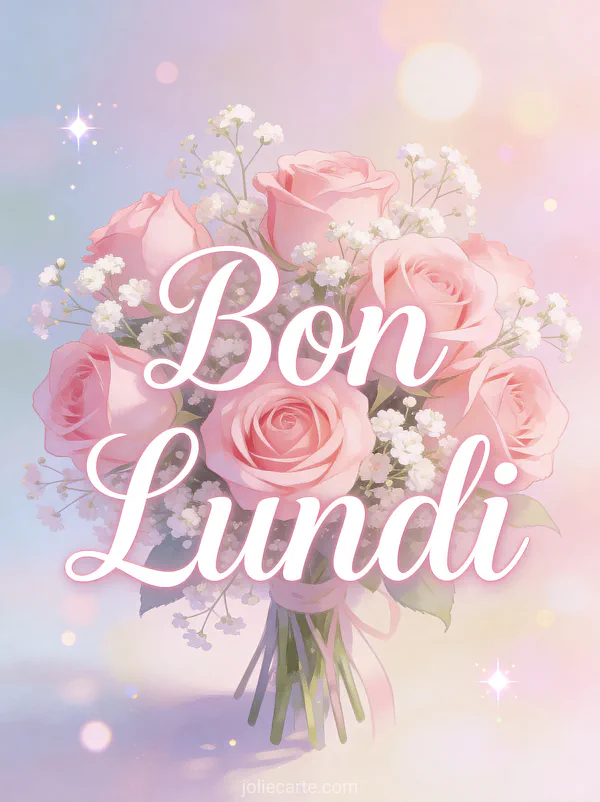 Image bon lundi bisous avec roses roses délicates et bouquet de baby's breath