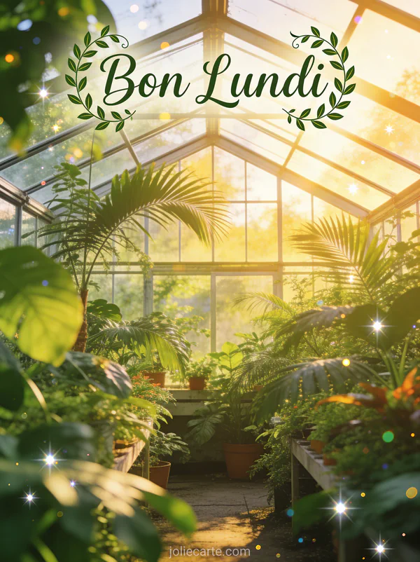 Image de bon lundi avec serre remplie de plantes tropicales et lumière du matin