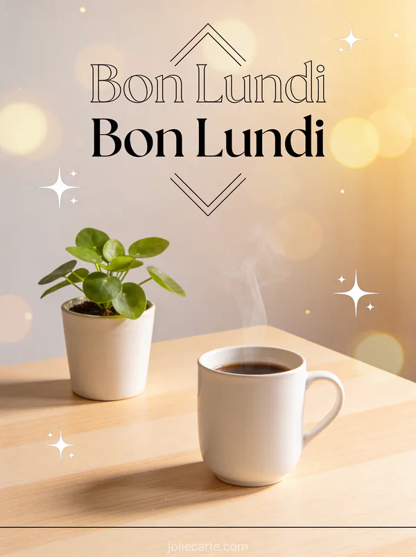 Image bon lundi minimaliste avec bureau épuré et plante verte et café sur surface blanche