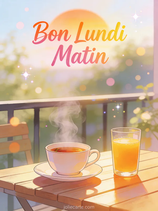 Image bon lundi matin avec thé fumant et jus d'orange frais sur terrasse ensoleillée