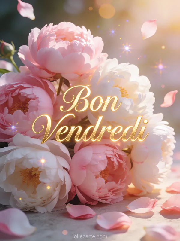 Carte Bon Vendredi avec texte doré élégant entouré de pivoines roses et blanches sur fond lumineux