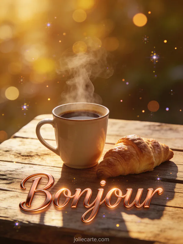 Carte Bonjour vendredi avec tasse de café fumant et croissant sur table en bois rustique baignée de lumière dorée