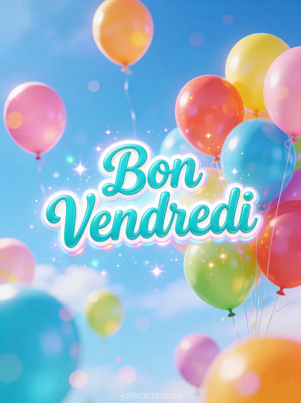 GIF Bon Vendredi avec texte turquoise et ballons colorés flottant dans un ciel bleu lumineux