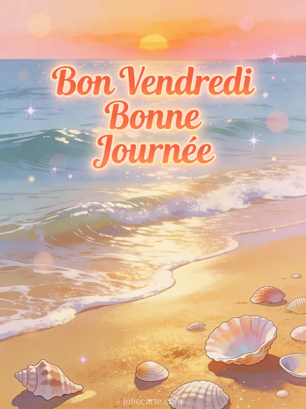 Carte Bon Vendredi Bonne Journée avec texte corail sur fond de plage dorée avec vagues et coquillages
