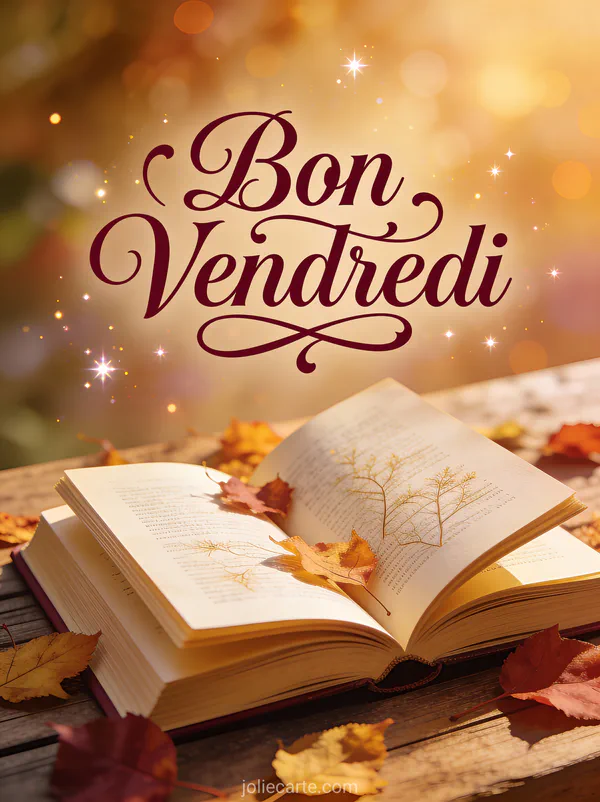 Carte Bon Vendredi avec texte bordeaux vintage sur fond de livre ouvert entouré de feuilles d'automne