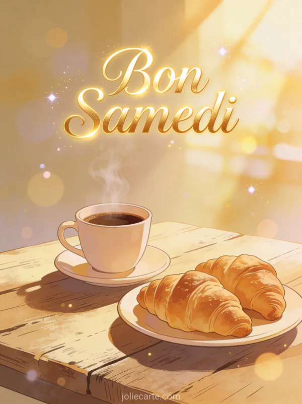Carte bon samedi avec tasse de cafe fumante et croissants sur table en bois dans une lumiere doree matinale