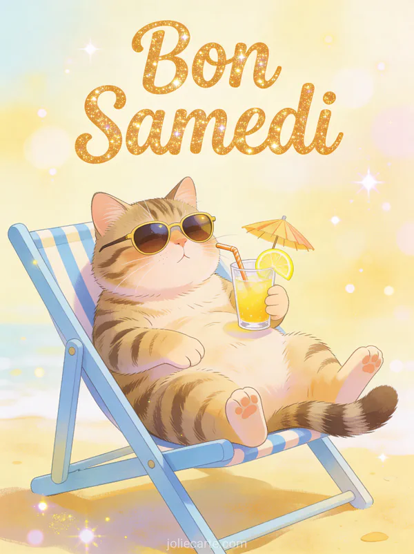 Chat tigre portant des lunettes de soleil installe dans une chaise de plage miniature avec un cocktail tropical texte Bon Samedi