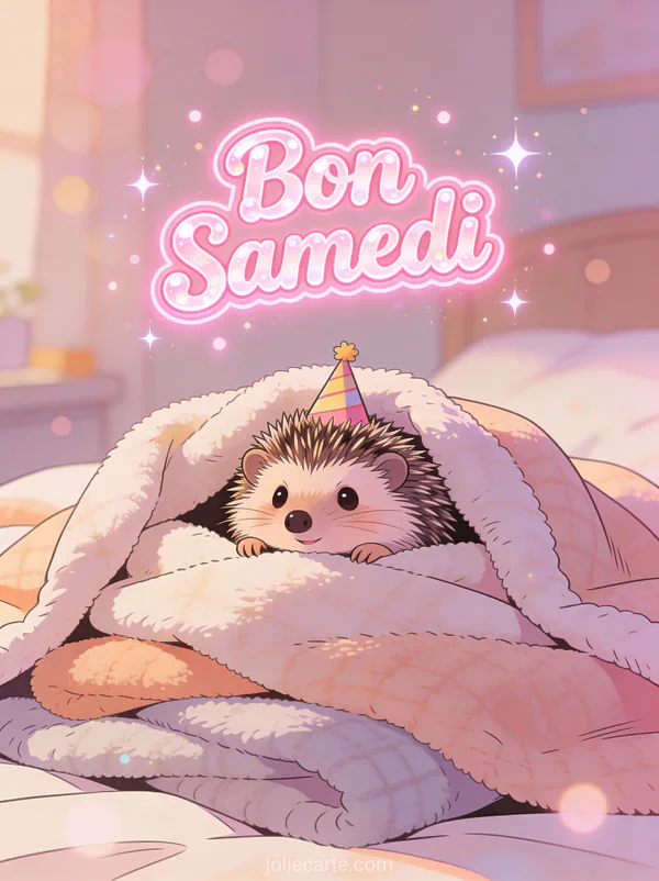 Adorable herisson avec un petit chapeau de fete depassant d une pile de couvertures douillettes texte Bon Samedi