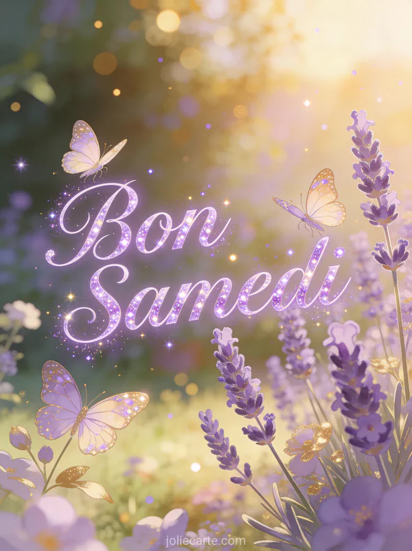 Papillons delicats dansant autour de fleurs de lavande en fleurs dans un jardin ensoleille texte Bon Samedi
