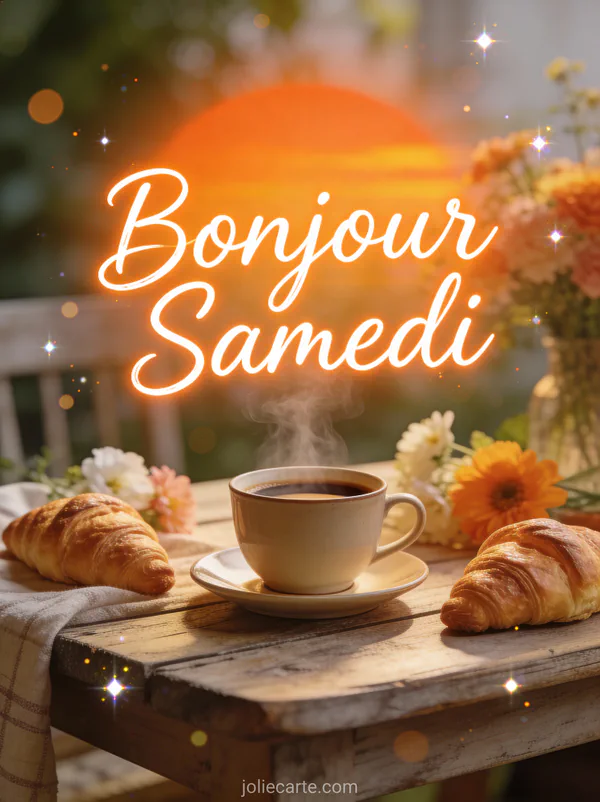 Tasse de cafe fumante sur une table en bois rustique avec croissants frais et fleurs du matin texte Bonjour Samedi