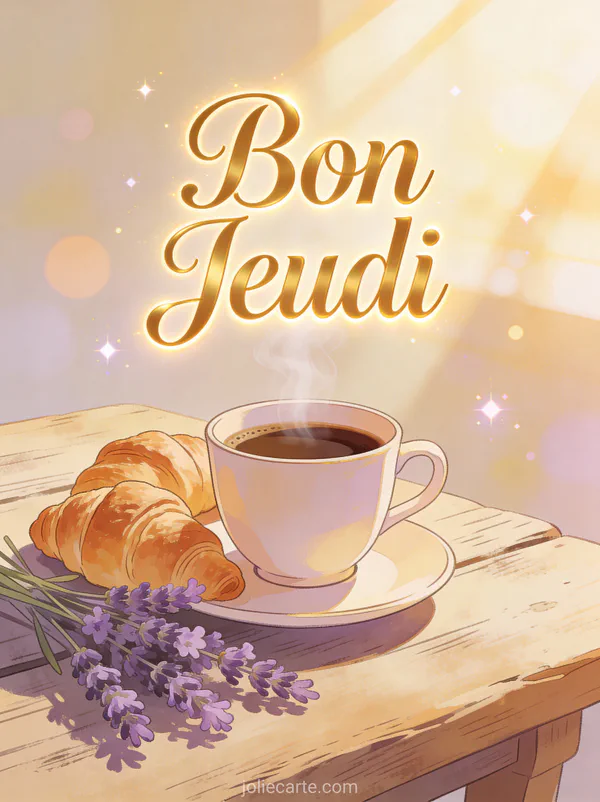 Tasse de cafe fumante sur table en bois avec croissants et fleurs de lavande texte Bon Jeudi