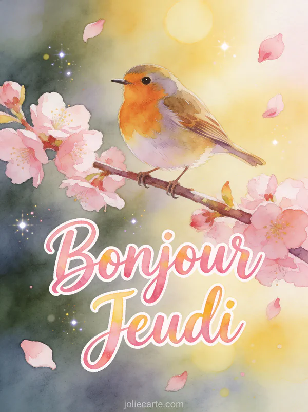Rouge-gorge pose sur branche de cerisier en fleurs avec petales roses flottants texte Bonjour Jeudi