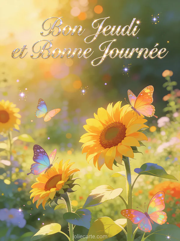 Jardin fleuri avec tournesols et papillons colores dans lumiere doree texte Bon Jeudi et Bonne Journee