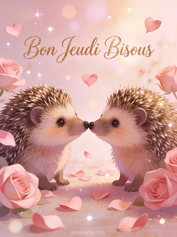Couple de herissons mignons nez a nez entoures de roses et petales en forme de coeur texte Bon Jeudi Bisous