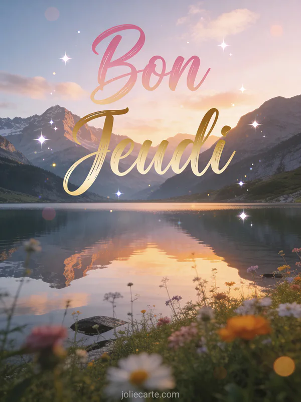 Lac de montagne au lever du soleil avec reflet parfait et fleurs sauvages texte Bon Jeudi