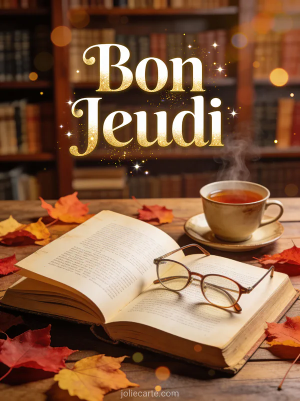 Livre ouvert avec lunettes de lecture et tasse de the parmi feuilles d automne texte Bon Jeudi