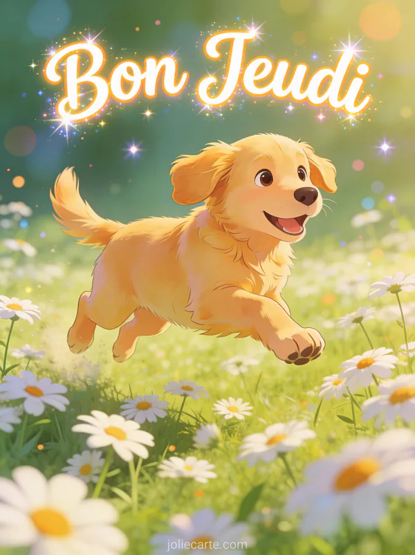 Chiot golden retriever sautant joyeusement dans un champ de marguerites ensoleille texte Bon Jeudi