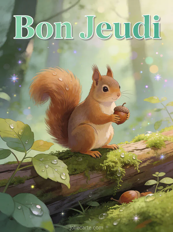 Ecureuil mignon tenant un gland assis sur tronc mousse dans foret enchantee texte Bon Jeudi