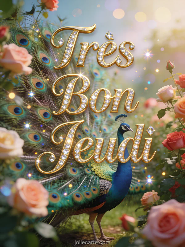 Paon majestueux deployant sa queue coloree dans jardin de roses fleuri texte Tres Bon Jeudi