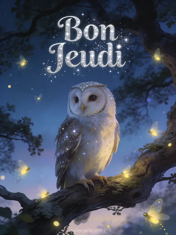 Hibou magique perche sur branche de chene entoure de lucioles au crepuscule texte Bon Jeudi
