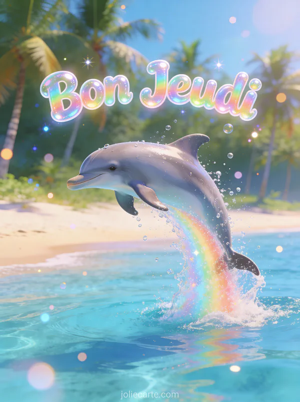 Dauphin joyeux sautant hors de l eau turquoise avec arc-en-ciel et palmiers texte Bon Jeudi