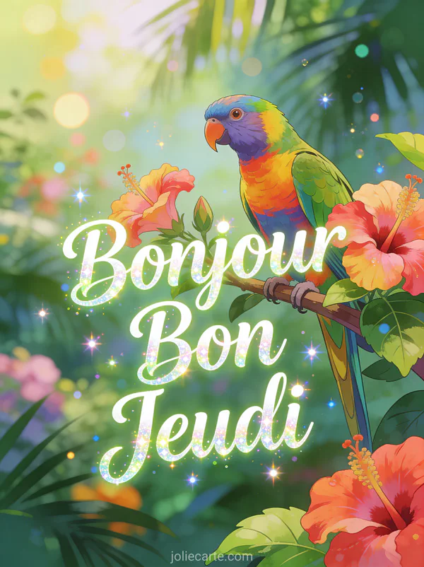 Perroquet colore perche sur branche avec hibiscus dans jardin tropical texte Bonjour Bon Jeudi