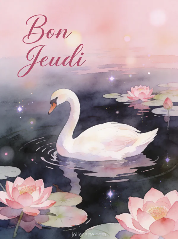 Cygne elegant glissant sur etang avec nenuphars roses et fleurs de lotus texte Bon Jeudi