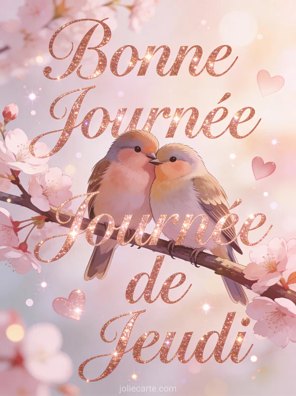 Deux inseparables amoureux blottis sur branche avec cerisiers en fleurs et coeurs texte Bonne Journee de Jeudi