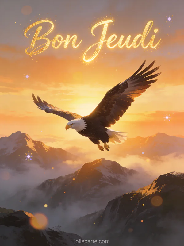 Aigle royal planant au dessus des montagnes brumeuses a l aube texte Bon Jeudi
