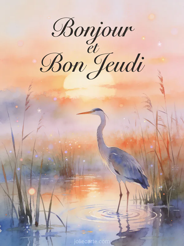 Heron gracieux debout dans eau peu profonde parmi roseaux au lever du soleil texte Bonjour et Bon Jeudi