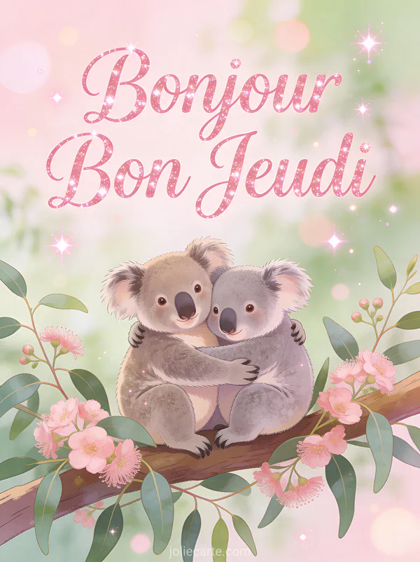 Deux koalas adorables enlaces sur branche d eucalyptus avec fleurs roses texte Bonjour Bon Jeudi