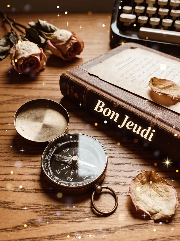 Boussole ancienne et journal en cuir sur bureau en bois avec roses sechees texte Bon Jeudi