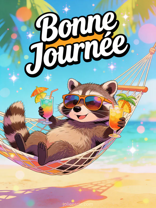 Raton laveur rigolo avec grandes lunettes de soleil dans hamac avec cocktails texte Bonne Journee