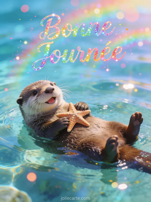 Loutre joyeuse flottant sur le dos dans eau cristalline tenant une etoile de mer texte Bonne Journee