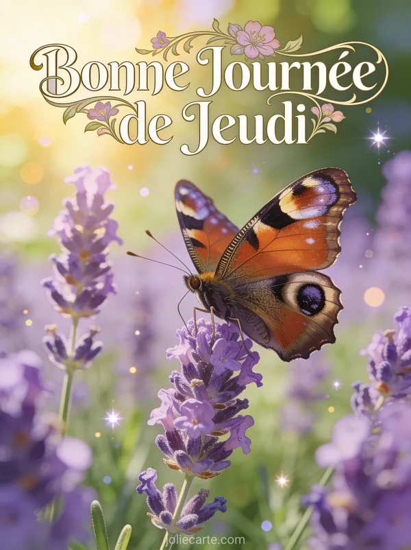 Papillon paon pose sur fleurs de lavande violettes dans jardin ensoleille texte Bonne Journee de Jeudi
