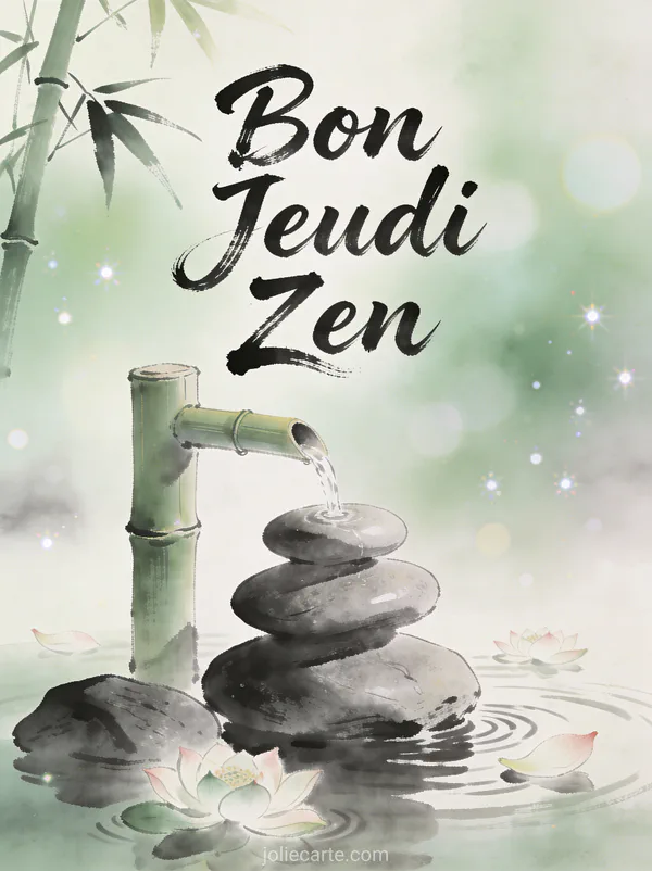 Pierres zen empilees pres fontaine bambou avec petales de lotus flottants texte Bon Jeudi Zen