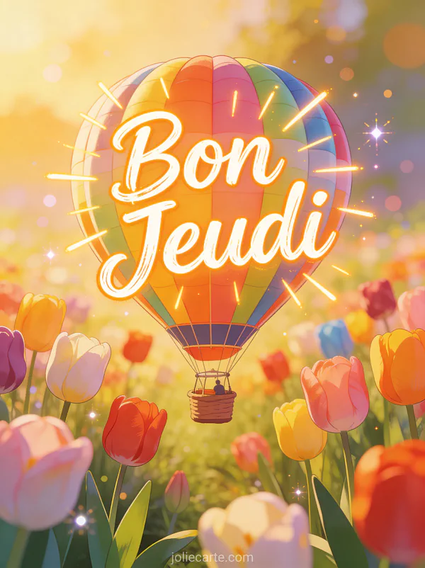 Montgolfiere coloree survolant champ de tulipes multicolores au lever du soleil texte Bon Jeudi