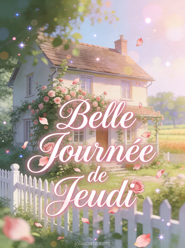 Cottage charmant avec roses grimpantes et cloture blanche dans campagne texte Belle Journee de Jeudi