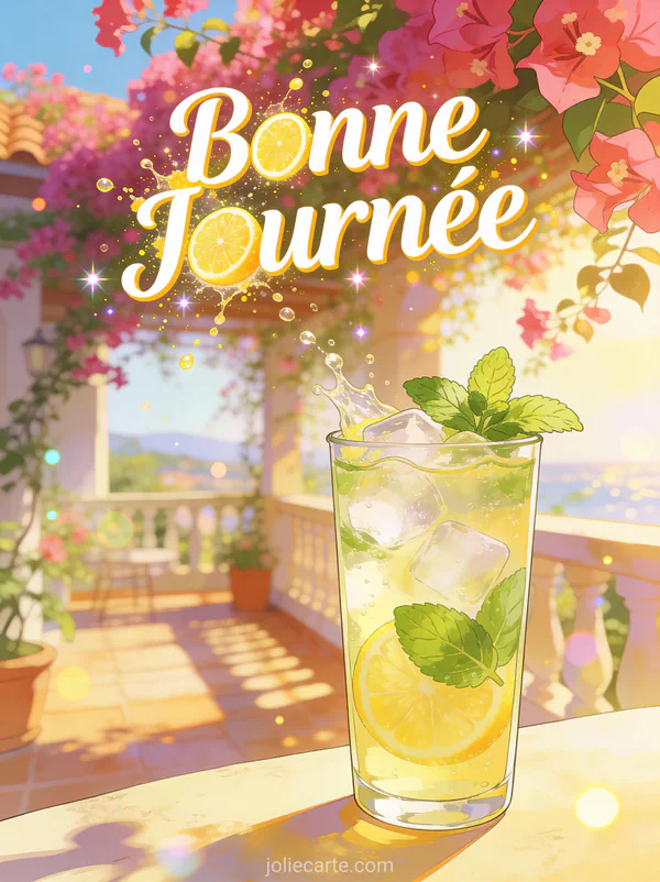 Citronnade avec menthe et glacons sur terrasse ensoleilee avec bougainvillier texte Bonne Journee