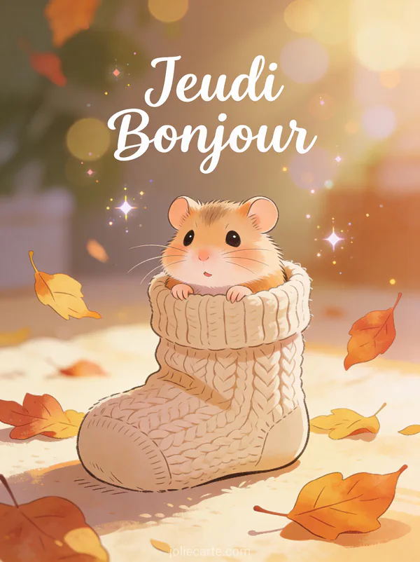 Hamster adorable sortant d une chaussette tricotee avec feuilles d automne texte Jeudi Bonjour