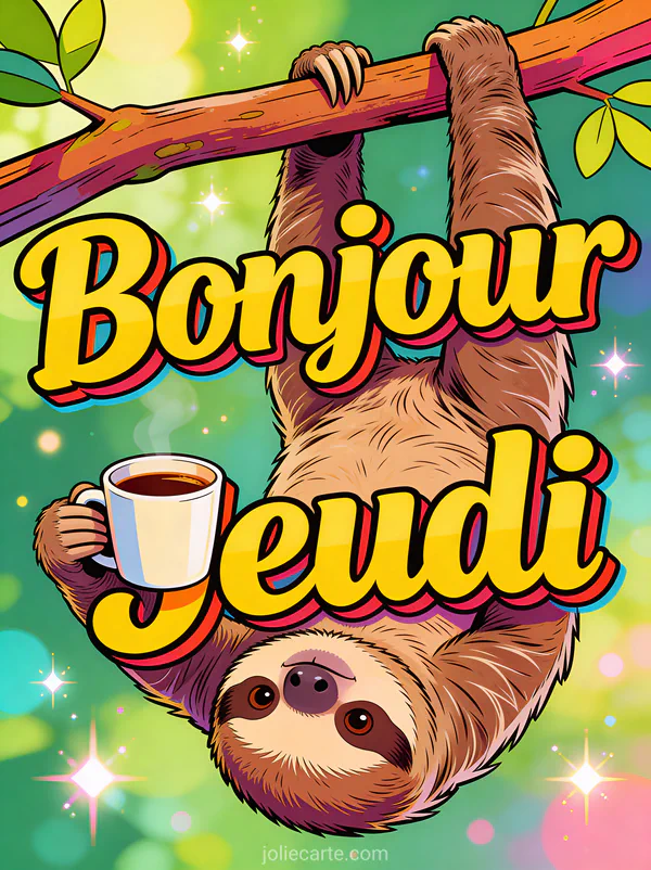 Paresseux rigolo suspendu a une branche tenant une tasse de cafe texte Bonjour Jeudi