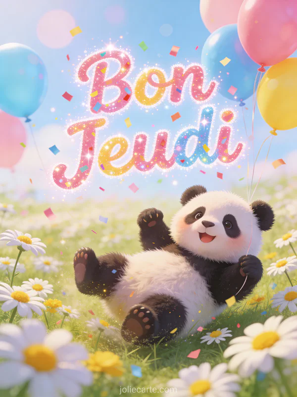 Bebe panda joueur roulant dans champ de marguerites avec ballons colores texte Bon Jeudi